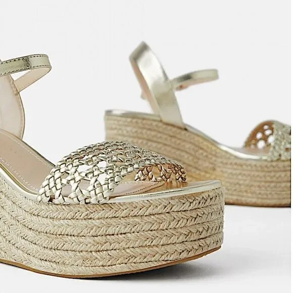 Zara Braided Gold Platform Wedge Esapadrille - Picture 5 of 12